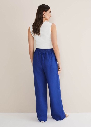 Phase Eight Lolita Blue Linen Wide Legs Trousers Deep Blue Australia | MX6952138